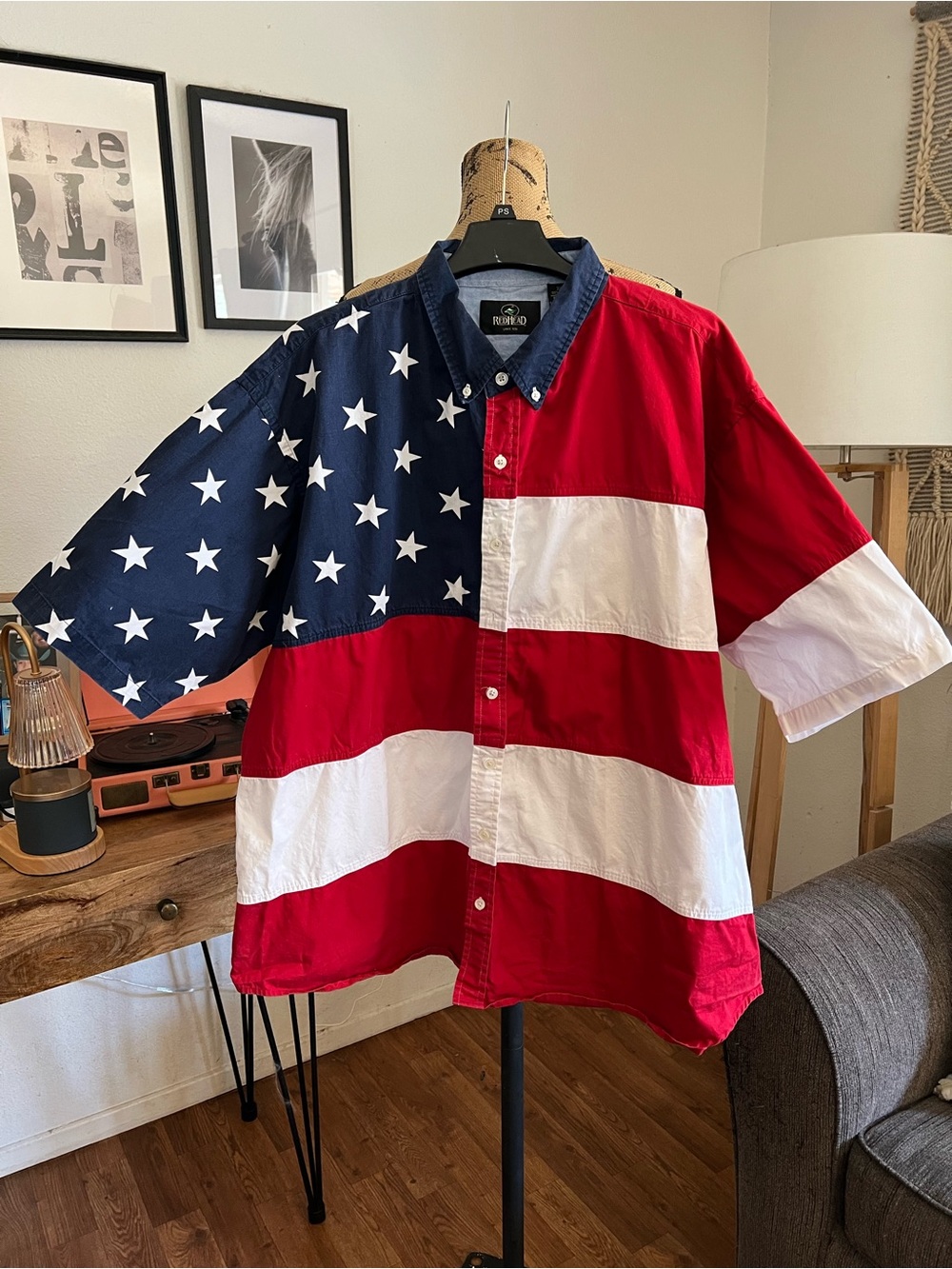 RedHead Shirt Mens M Medium American Flag USA Patriotic Button Down Western 3XL
